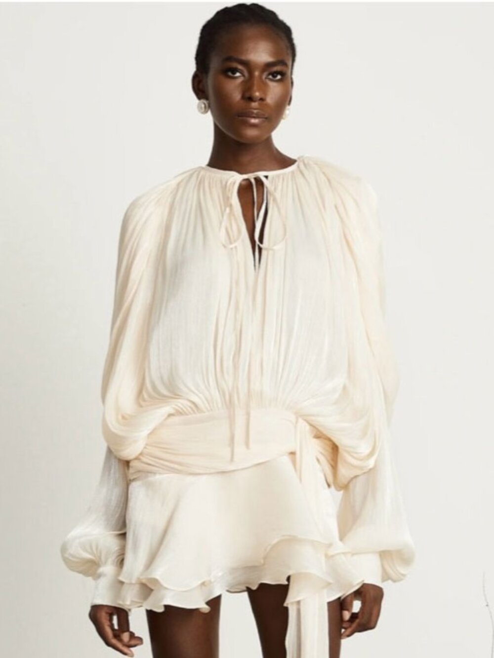 Miss Rosier Eugenie Neutral Fully Pleated Ruffle Mini Dress